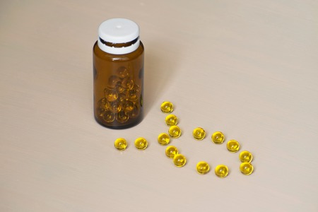 One bottle of omega 3 capsules. Fish fat.