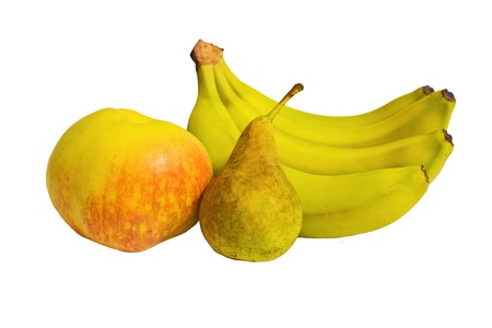 Isolated fruits. Fresh banana, apple and pear isolated on white backgroundの写真素材