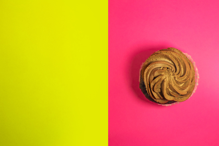 Beautiful hoemade chocolate cupcake with butter cream and cocoa on yellow and pink background.の写真素材
