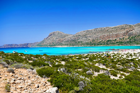 Balos, Greece - June 25, 2015: Balos beach near Gramvousa island in Crete. Magical turquoise waters, lagoons, Balos beach of pure white sand.のeditorial素材