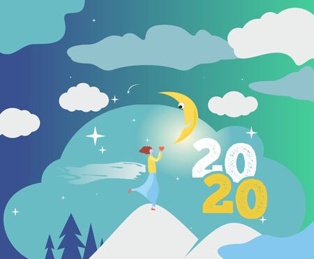 Girl looks at the moon in dreams of love. Vector, illustration