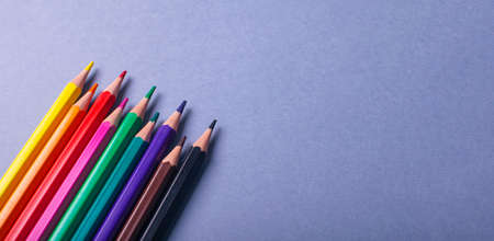Multi-colored pencil on a gray background. Color pencils lie in a row. Pencils for school.の写真素材