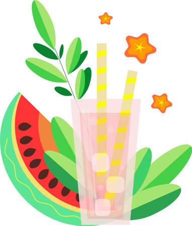 Watermelon juice. Fresh juice in a glass with ice and a straw. Natural vegetarian healthy drink. Summer season concept.のイラスト素材