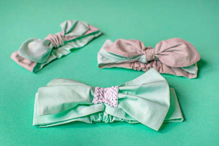 Delicate mint and gray dressing-solokha for women or girls. Turban fashion, or bandana hair accessories for the beach and travel.の写真素材