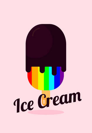 Bright homemade frozen rainbow ice cream. Fruity ice cream in chocolate glaze on a pink backgroundのイラスト素材
