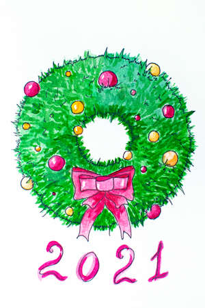 Christmas wreath with balls and pink bow. Christmas and New Year sketch, illustration.