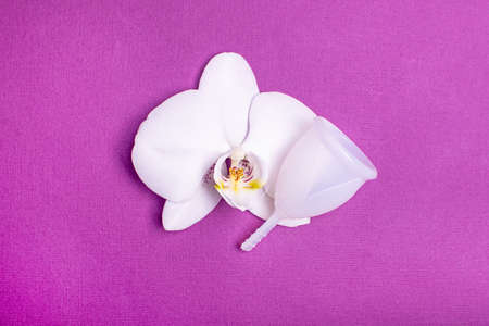 Eco-friendly siliconemenstrual cup with orchid on purple background.の写真素材