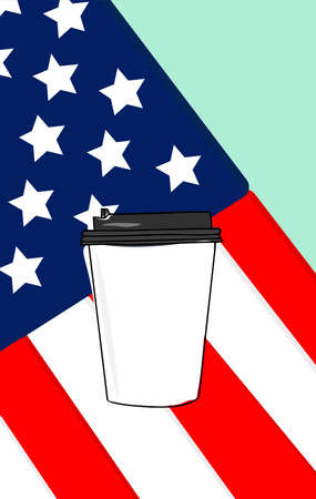American flag and coffee paper cup on green background.のイラスト素材