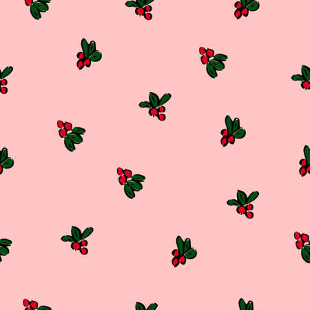 Seamless pattern of red ripe cowberry and green leaves on pink background. Red berries. Vector, Illustration.のイラスト素材