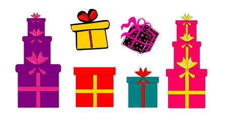 Set of bright gift boxes with bows and ribbons. Gifts for Christmas, New Year and other holidays. Vector illustration.のイラスト素材