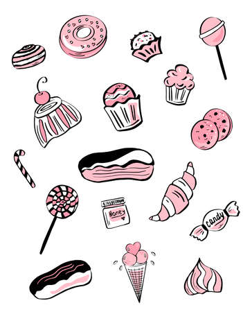 Set of sweets. Sweet pastries: muffins and cake, croissant and cinnabons. Delicious candies and lollipops.のイラスト素材