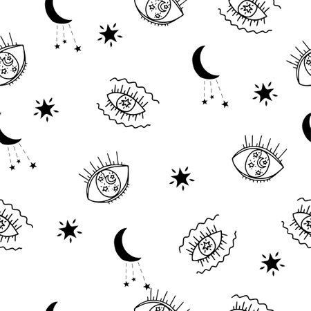 Seamless pattern with magic eye, moon and stars. Symbols of astology and esotericism.のイラスト素材