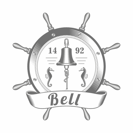 vector illustration of the emblem of the ship bell located inside the wheel, in the old-fashioned style and line-art style. Can be used as a tattooのイラスト素材