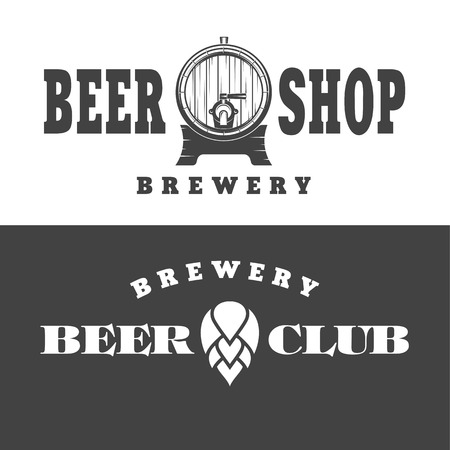 illustration of a set of posters on the theme of beer depicting beer barrel and flower hopsのイラスト素材