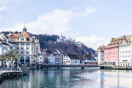 Beautiful aerial view Lake Lucerne, city the spring season, boats and ships, travel and vacation to Europe concept, boat club, Luzern, Switzerlandの写真素材