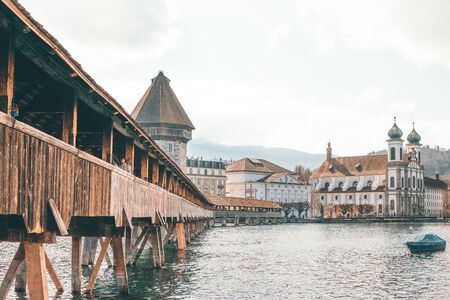 LuÑernÑ, Switzerland, Mart 10, 2017 - Footbridge, Kapellbrucke bridge, perspective view, springtimeのeditorial素材