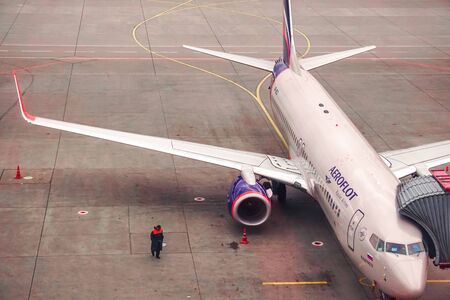 MOSCOW, RUSSIA, June 2016 - Sheremetievo International airport, preparing for takeoff. Tonedのeditorial素材