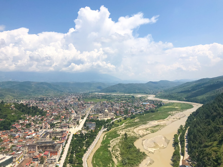 High angle view landscape from the ancient castle of the historic town of Berat in Albania, aerial...