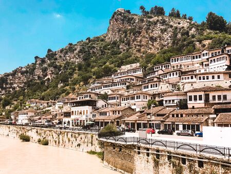 BERAT, ALBANIA - June 2018: Historical town Berat, ottoman architecture in Albania, he city of a thousand windows.のeditorial素材