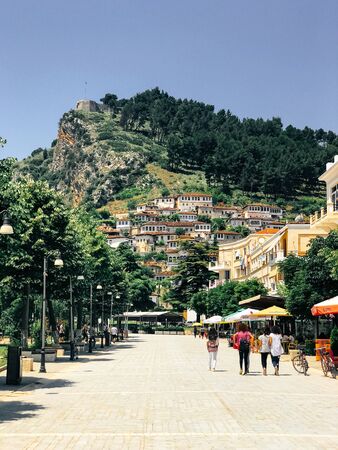 Berat, Albania- June 2018: Modern part of Berat city in Albania. Tonedのeditorial素材