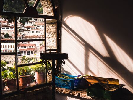 BERAT, ALBANIA - June, 2018: insight the old church, lights and shadow, tonedのeditorial素材