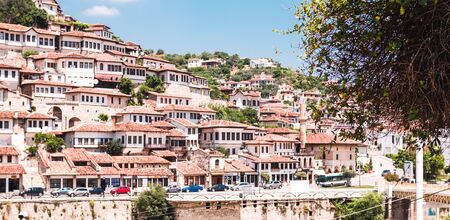 BERAT, ALBANIA - June 2018: Historical town Berat, ottoman architecture in Albania, he city of a thousand windows.のeditorial素材
