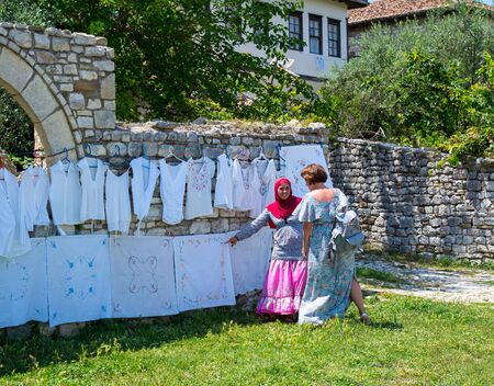 Berat, Albania - June 2018: Traditional handicrafts sold in the fortress of the old city Berat.のeditorial素材