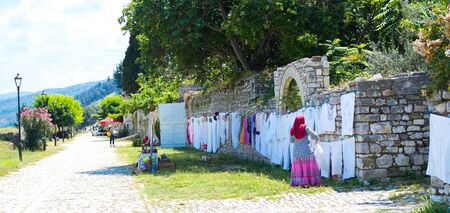 Berat, Albania - June 2018: Traditional handicrafts sold in the fortress of the old city Berat.のeditorial素材