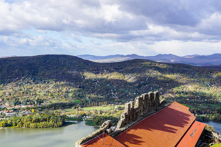 Aerial view of the Danube Band and hungarian city esztergom, slovakian city sturovo and danube river including spires of the saint ignac churchの写真素材
