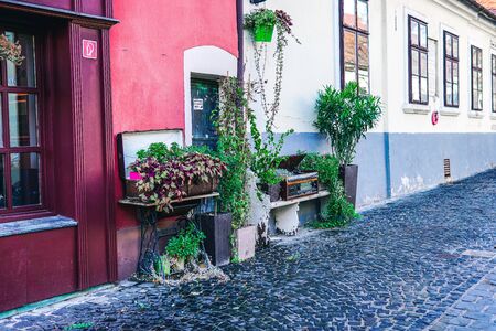 SZENTENDRE, HUNGARY - November, 2017: Typical cobbled street of charming little town Szentendre, near Budapest, Hungary. Sunne dayのeditorial素材