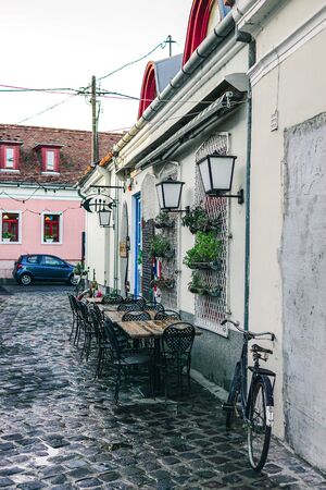 SZENTENDRE, HUNGARY - November, 2017: Typical cobbled street of charming little town Szentendre, near Budapest, Hungary. Sunne dayのeditorial素材