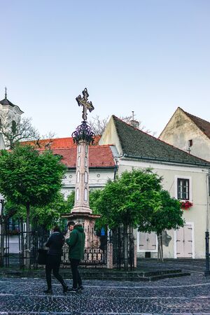 SZENTENDRE, HUNGARY - November, 2017: Typical cobbled street of charming little town Szentendre, near Budapest, Hungary. Sunne dayのeditorial素材