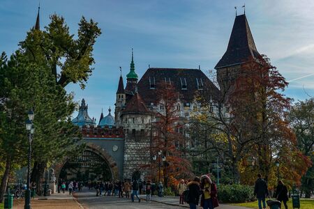 Hungary Budapest, November 2017: Vajdahunyad castle in Budapest autumn, sunny dayのeditorial素材