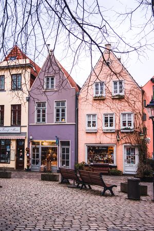 Bremen, Germany, January, 2019 - Colorful houses in historic Schnoorviertel in Bremen, Germany. Verticalのeditorial素材