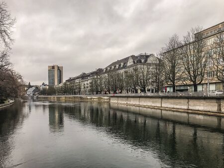 Zurich, Switzerland - March 2017: View of historic Zurich city center on a spring cloudy dayのeditorial素材