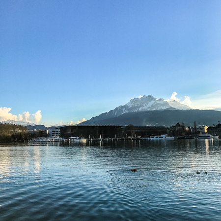 View of lake Lucerne with the view of mountains and Swiss Alps in the background, sunny dayの写真素材