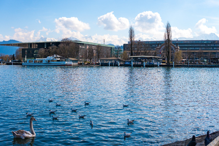 View of lake Lucerne with the view of mountains and Swiss Alps in the background, sunny dayの写真素材