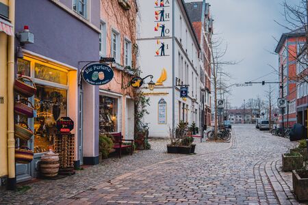 Bremen, Germany, January, 2019 - Colorful houses with Christmas decoration and lights in historic Schnoorviertel in Bremen, Germany.のeditorial素材