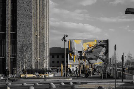 Moscow, Russia, April 2019 - Modern lifestyle and urban landscape, yard with cars of urban houseのeditorial素材