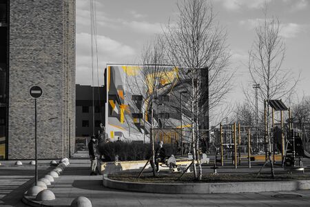 Moscow, Russia, April 2019 - Modern lifestyle and urban landscape, yard with cars of urban houseのeditorial素材