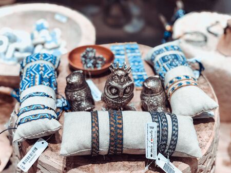 Venice, Italy, Mart 2019 - Showcases with fashionable ethnic bracelets offering in the marketのeditorial素材