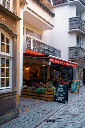 Bremen, Germany, January, 2019 - Colorful houses with Christmas decoration and lights in historic Schnoorviertelのeditorial素材