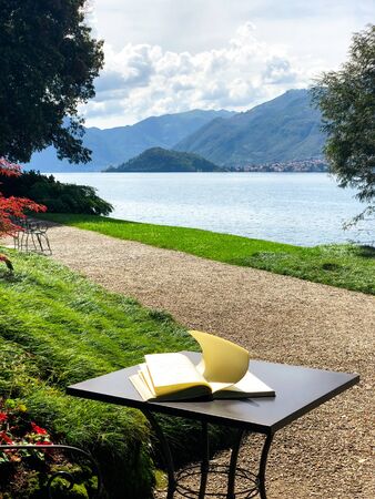 Botanical garden of villa Melzi and lake Comoのeditorial素材