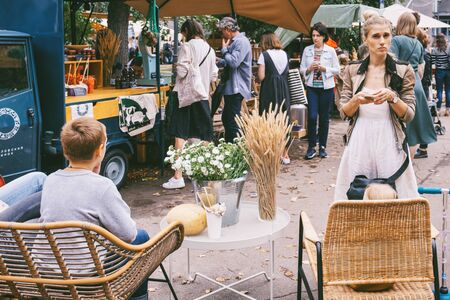 Moscow, Russia - August, 2018: people walking at outdoor festival- Veter Summer Festival in Moscowのeditorial素材