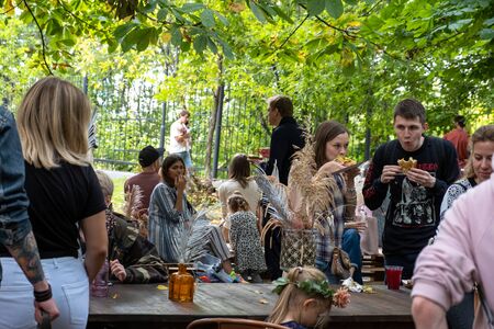 Moscow, Russia - August, 2018: people walking at outdoor festival- Veter Summer Festival in Moscowのeditorial素材
