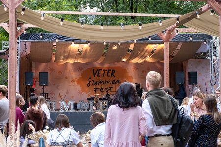 Moscow, Russia - August, 2018: people walking at outdoor festival- Veter Summer Festival in Moscowのeditorial素材