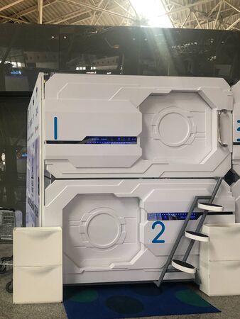 MOSCOW, RUSSIA - September, 2019: Insight and outside of the Capsule Hotel at Vnukovo International Airportのeditorial素材