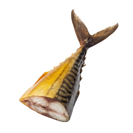 piece of smoked mackerel in cut, isolated on white backgroundの写真素材