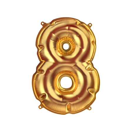 3D Render of Golden inflatable foil balloon 8 figure. Party decoration element eight. Yellow number isolated on white background. New year celebration postcard part. Graphic element sign for designの写真素材