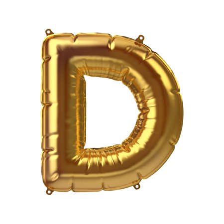 3D Render of Golden inflatable foil balloon letter D. Party decoration element. Yellow character isolated on white background. New year celebration postcard part. Graphic element sign for web designの写真素材